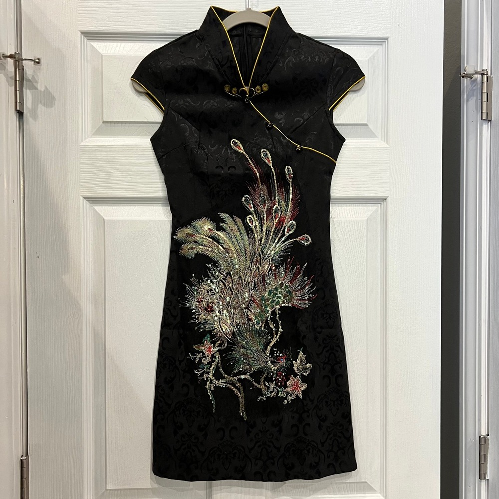 Chinese Qipao Cheongsam Dress M Black Jacquard Phoenix Peacock Sequin Embroidere